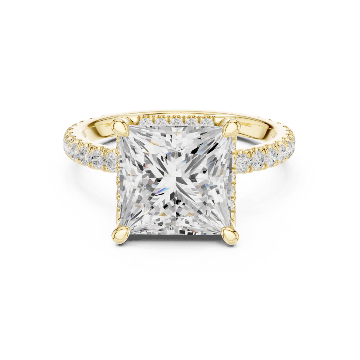 Princess petal-prong hidden halo pave engagement ring yellow gold detail view