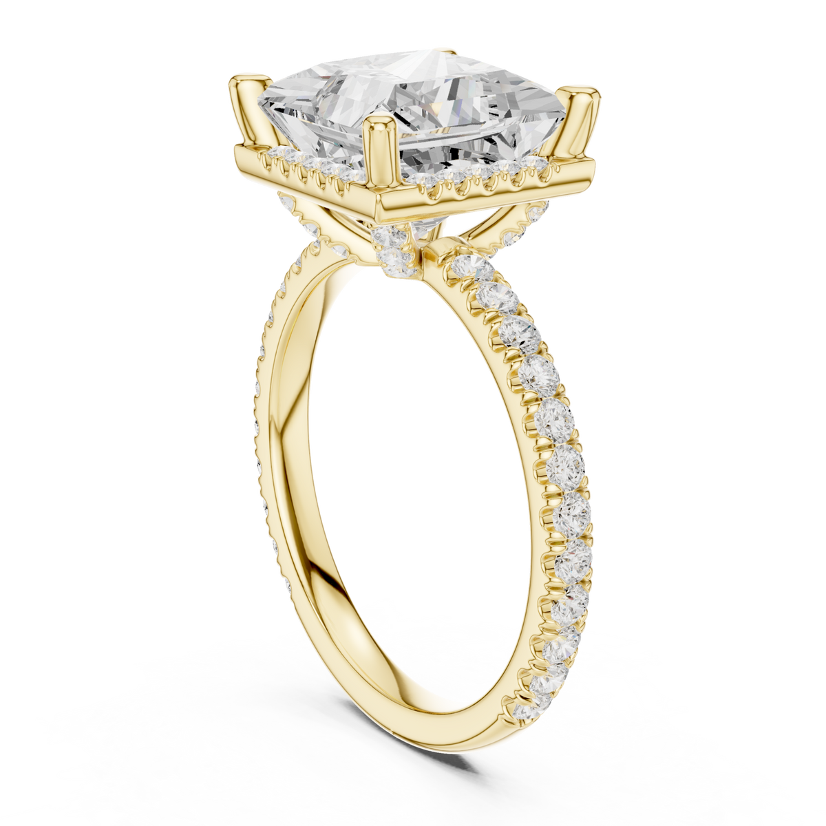 Princess petal-prong hidden halo pave engagement ring yellow gold front view
