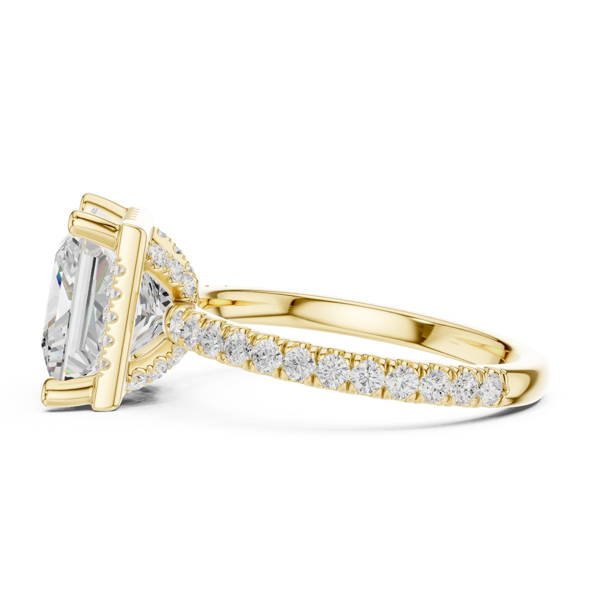 Princess petal-prong hidden halo pave engagement ring yellow gold side view