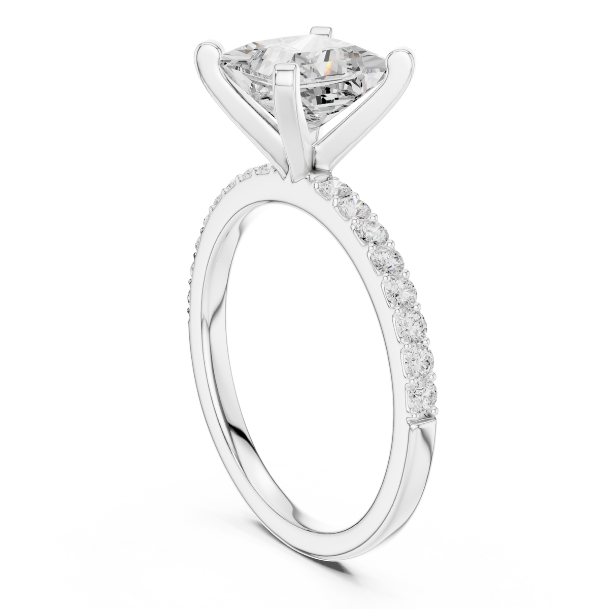 Princess petite pave engagement ring white gold front view