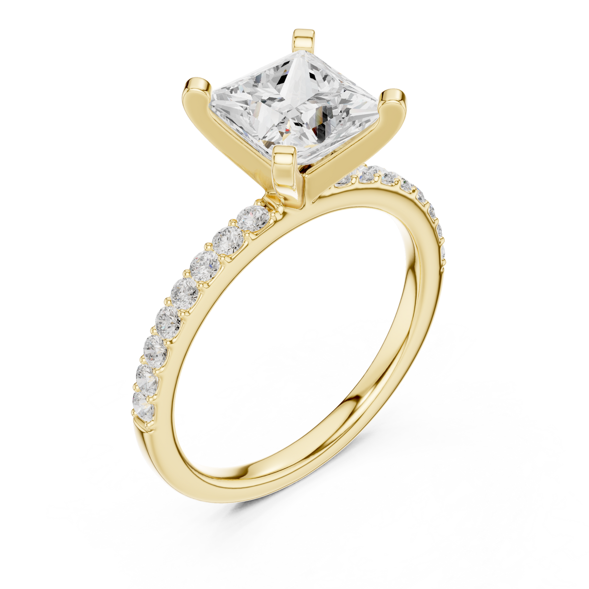 Princess petite pave engagement ring yellow gold angle view
