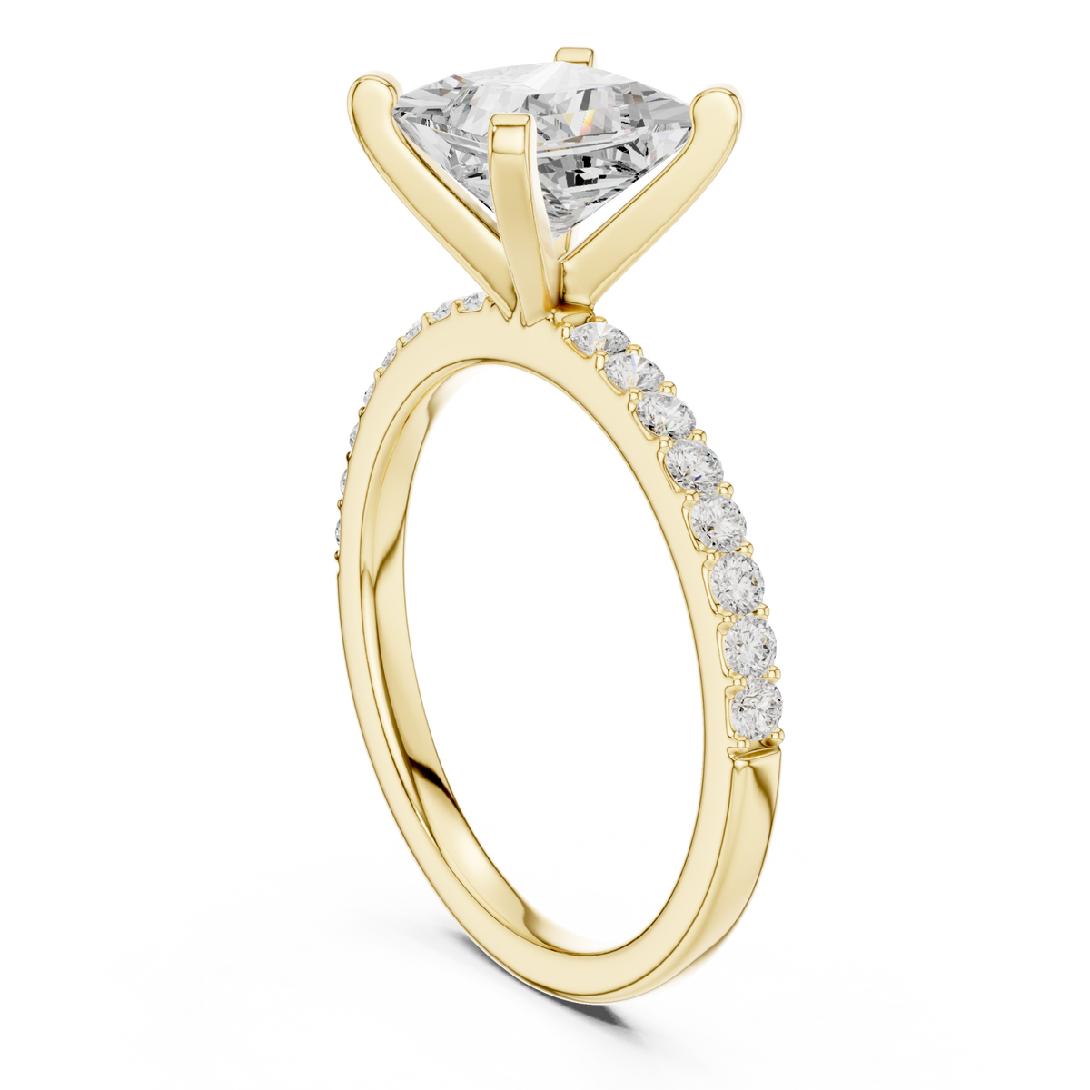 Princess petite pave engagement ring yellow gold front view