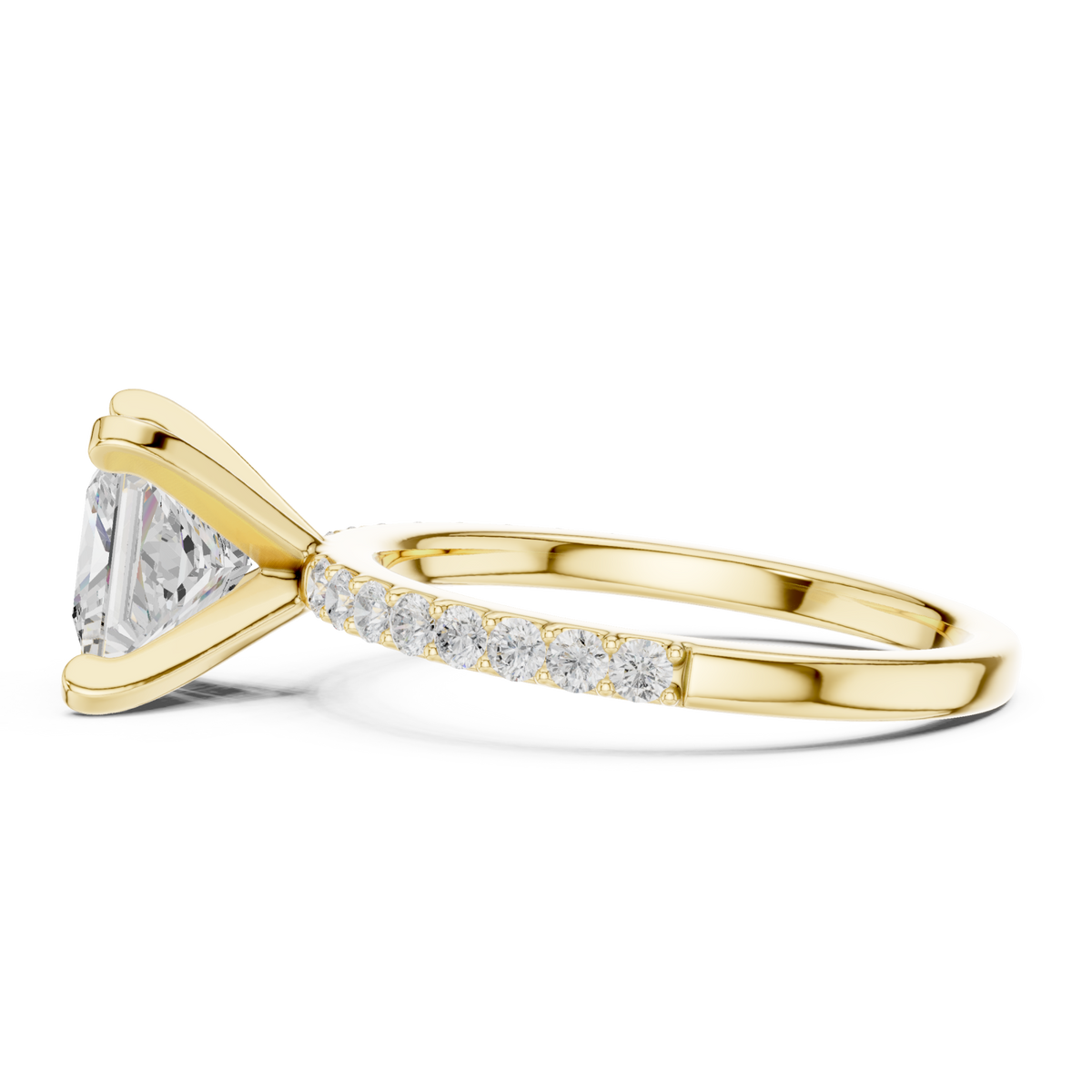 Princess petite pave engagement ring yellow gold side view