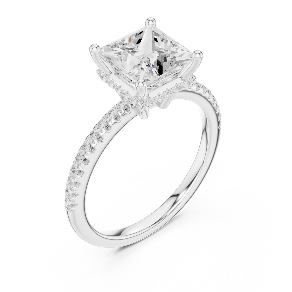 Princess slim hidden halo pave engagement ring white gold angle view