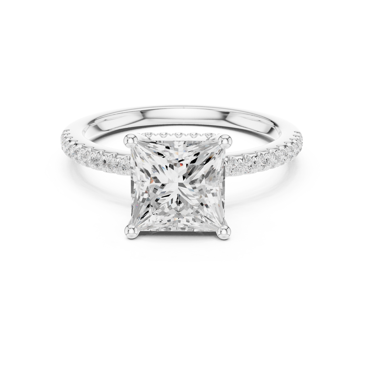 Princess slim hidden halo pave engagement ring white gold detail view