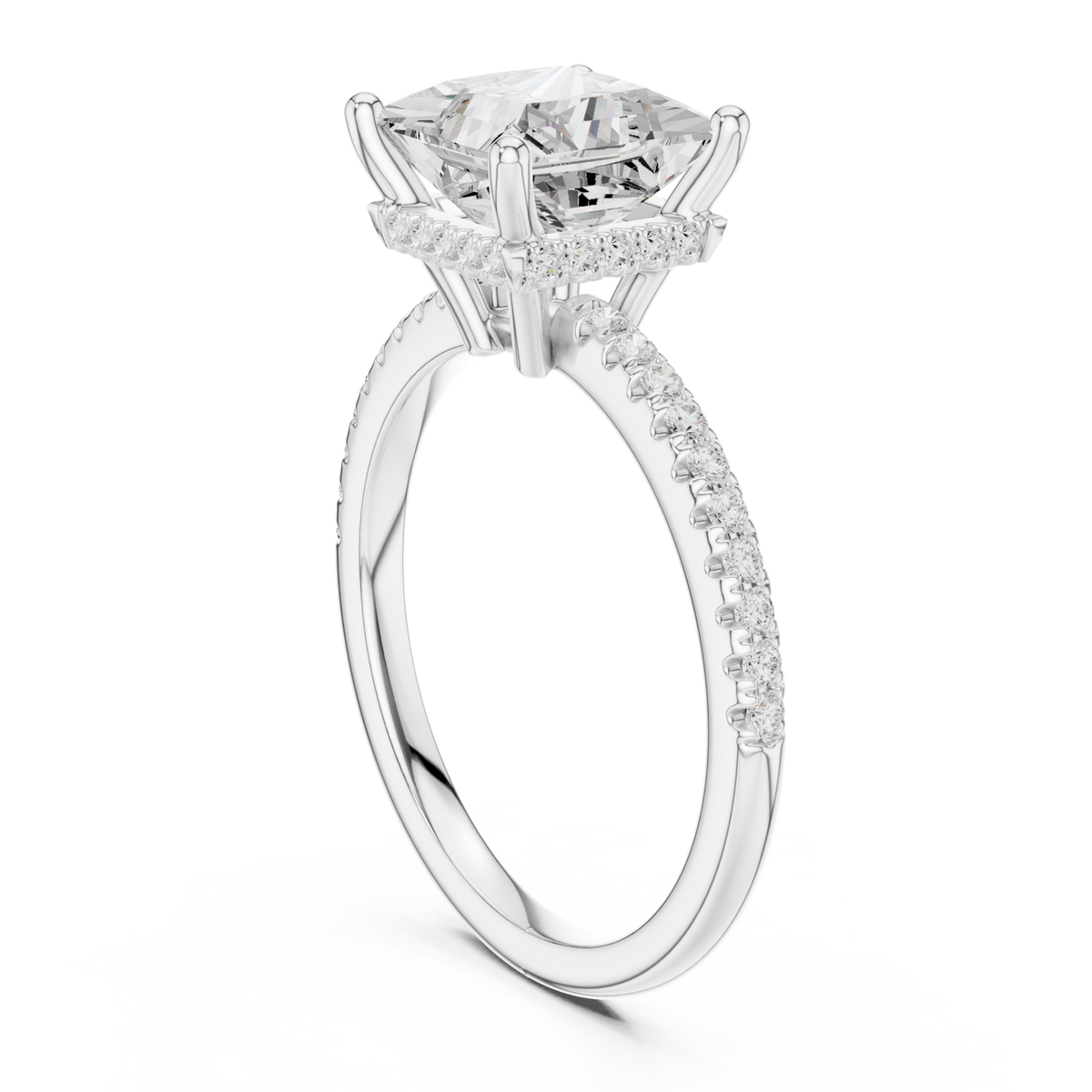 Princess slim hidden halo pave engagement ring white gold front view