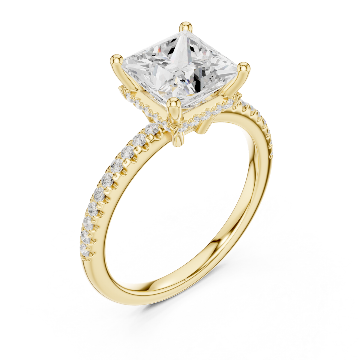 Princess slim hidden halo pave engagement ring yellow gold angle view