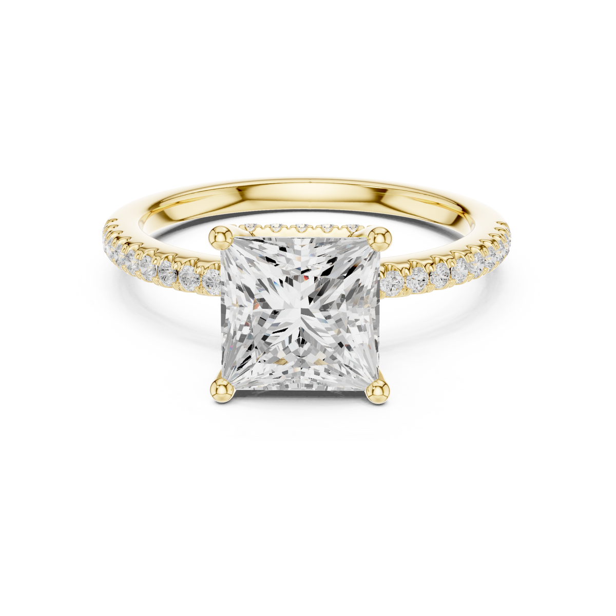 Princess slim hidden halo pave engagement ring yellow gold detail view