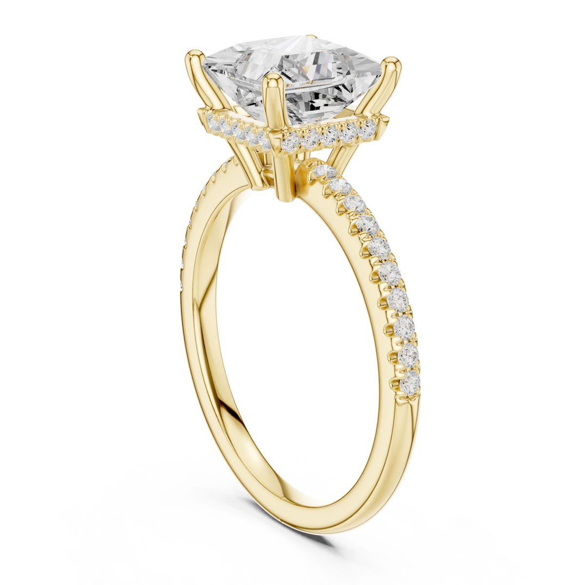 Princess slim hidden halo pave engagement ring yellow gold front view