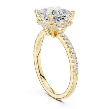 Princess slim hidden halo pave engagement ring yellow gold front view