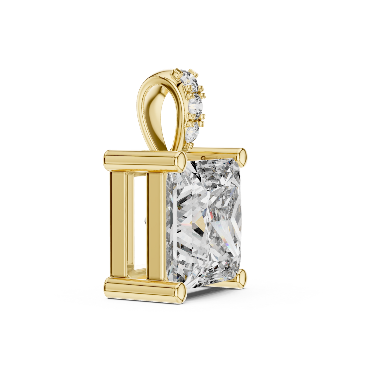Princess solitaire pendant with accent bail yellow gold side view