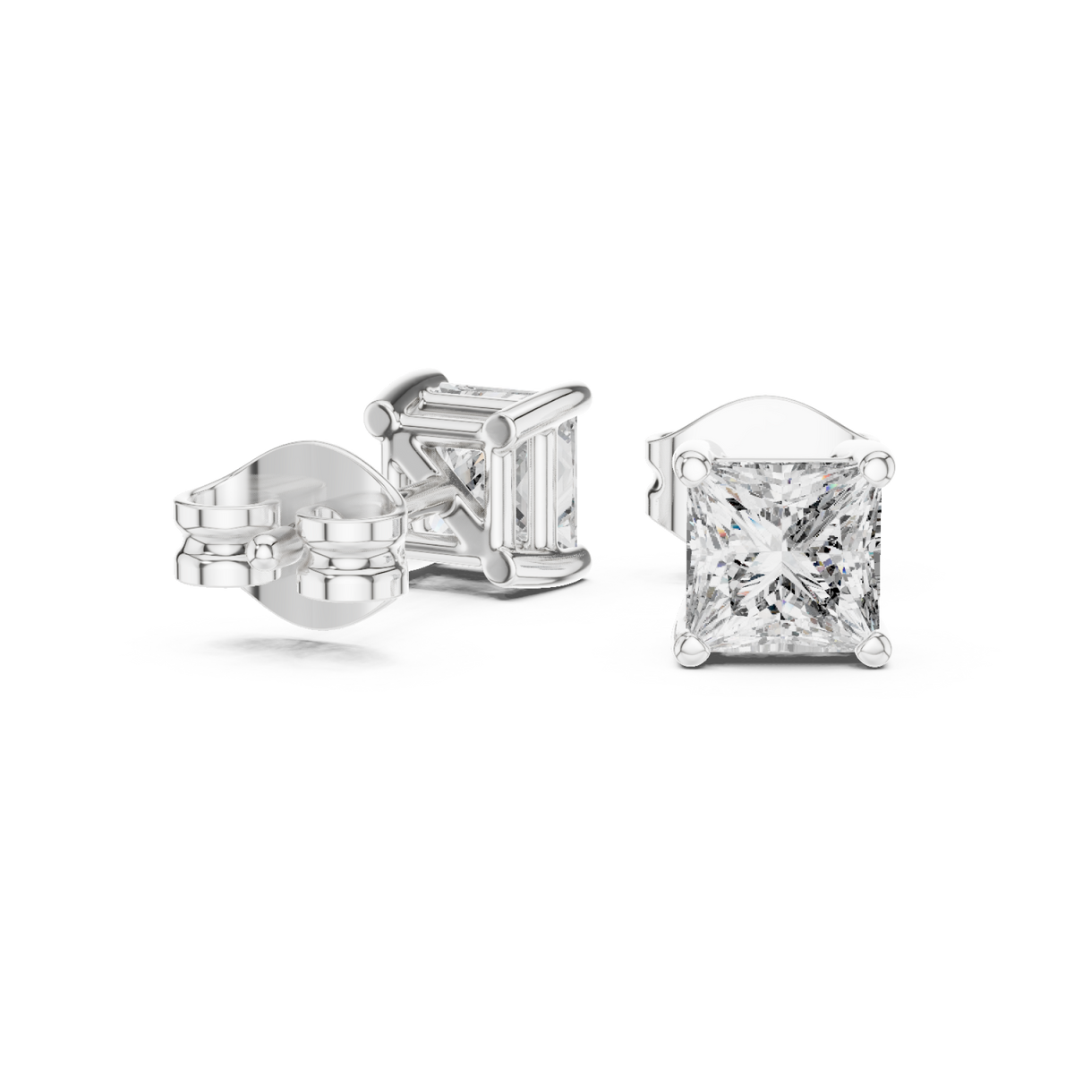  White Gold Princess Solitaire Studs Front View