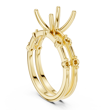 Princess spaced accent bridal set yellow gold front view
