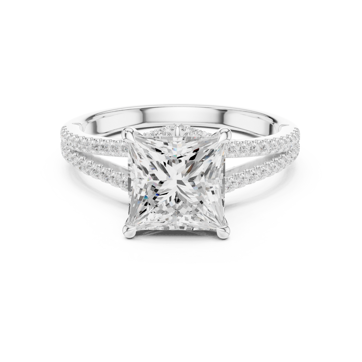 Princess split shank pave engagement ring white gold detail view