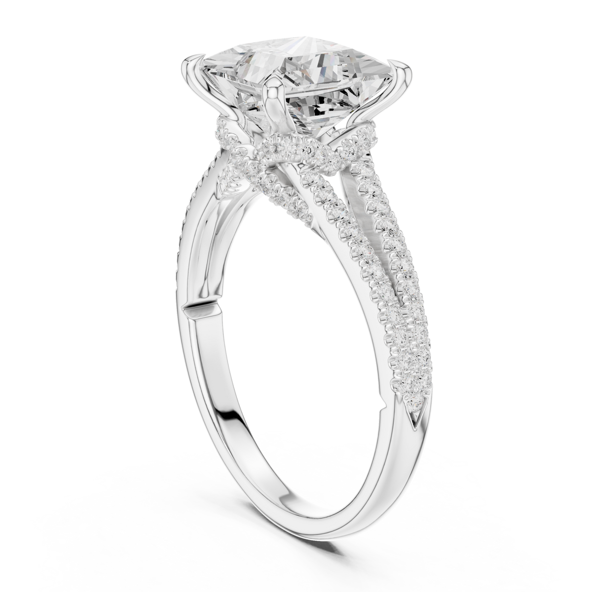 Princess split shank pave engagement ring white gold front view