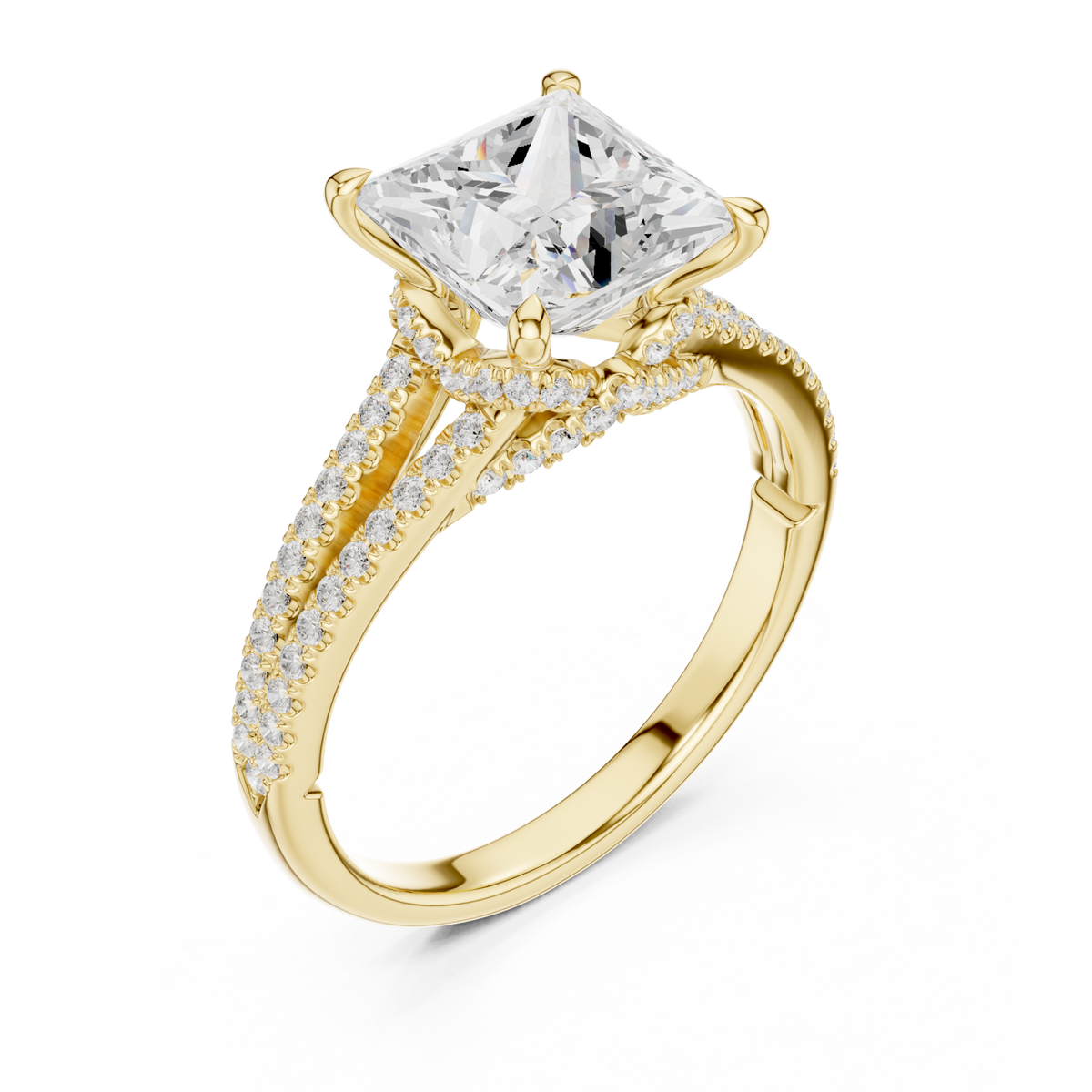 Princess split shank pave engagement ring yellow gold angle view
