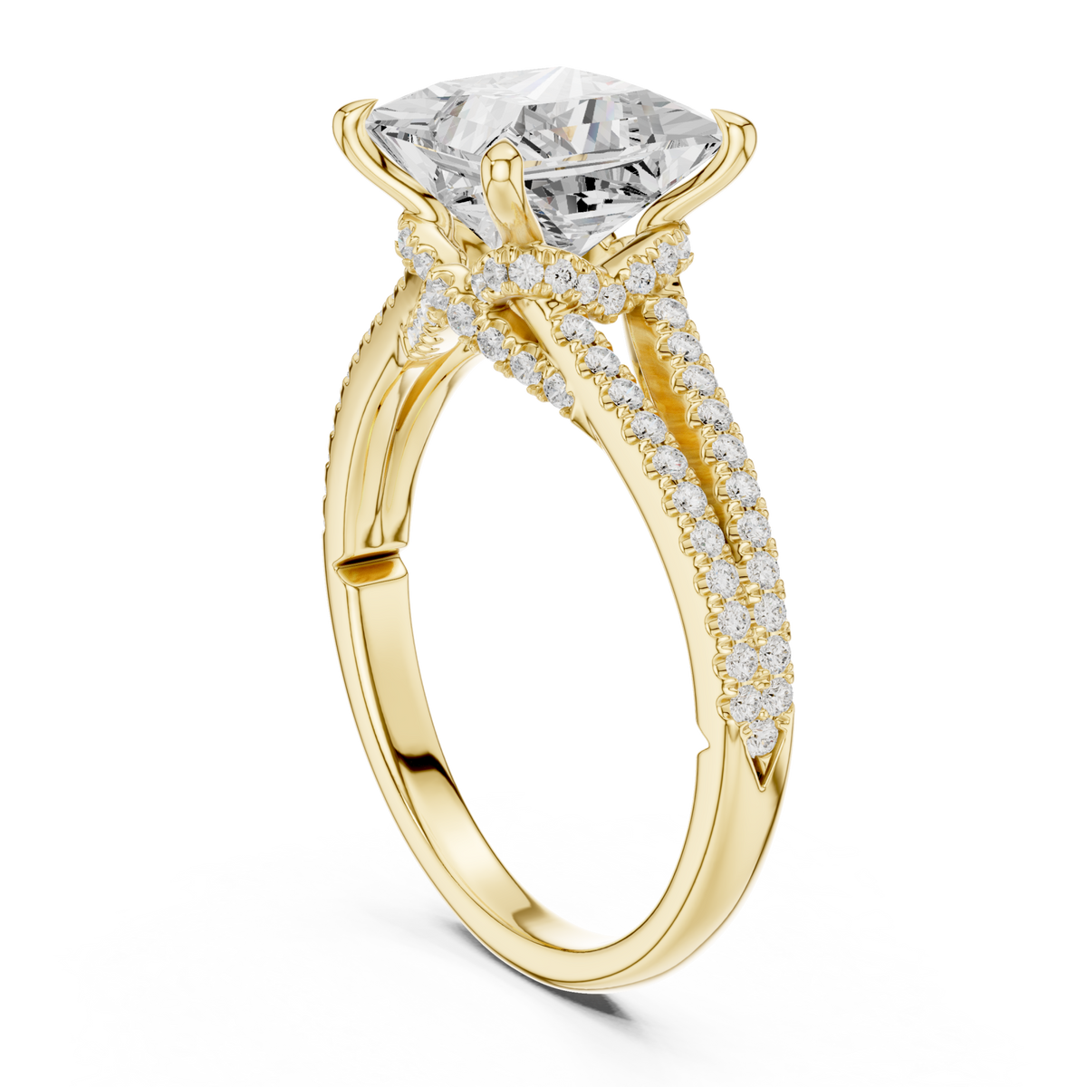 Princess split shank pave engagement ring yellow gold front view