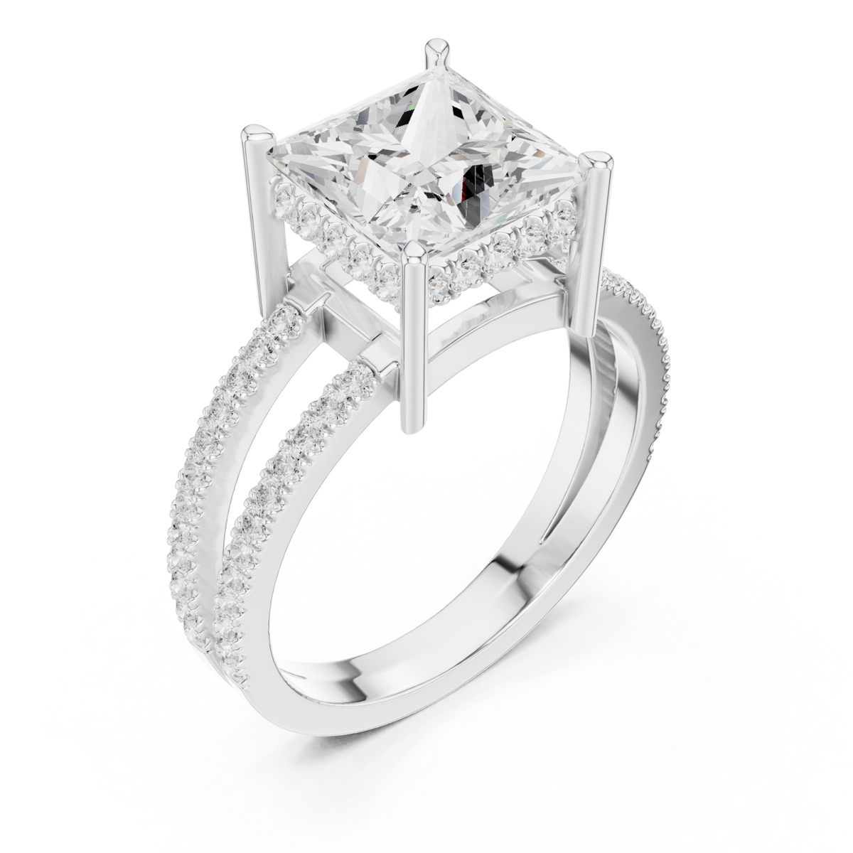 Princess split shank pave solitaire engagement ring white gold angle view