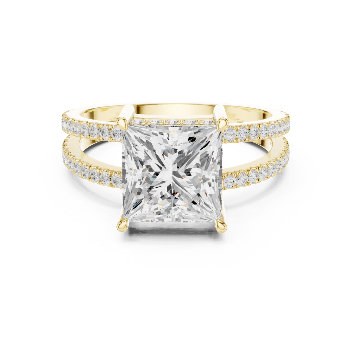 Princess split shank pave solitaire engagement ring yellow gold detail view