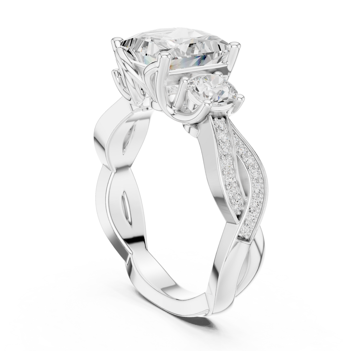 Princess three stone braided ring white gold side view