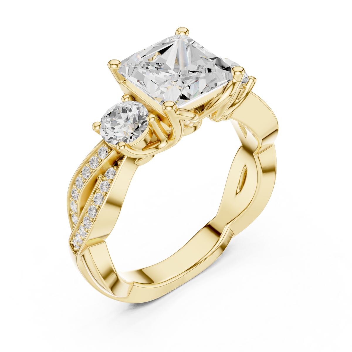 Princess three stone braided ring yellow gold front view