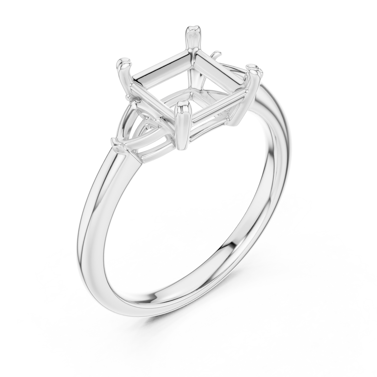 Princess trillion side three stone engagement ring white gold angle view