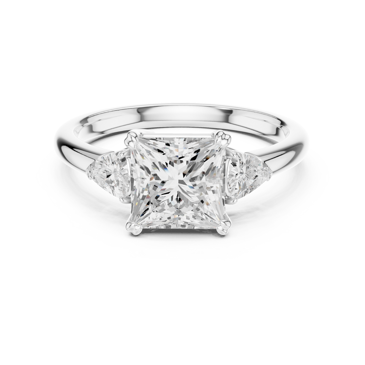 Princess trillion side three stone engagement ring white gold detail view