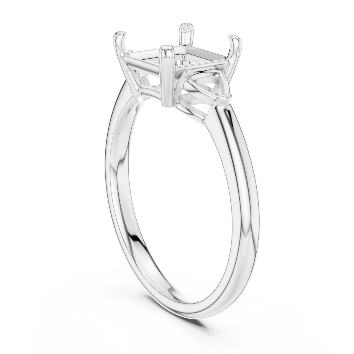 Princess trillion side three stone engagement ring white gold front view