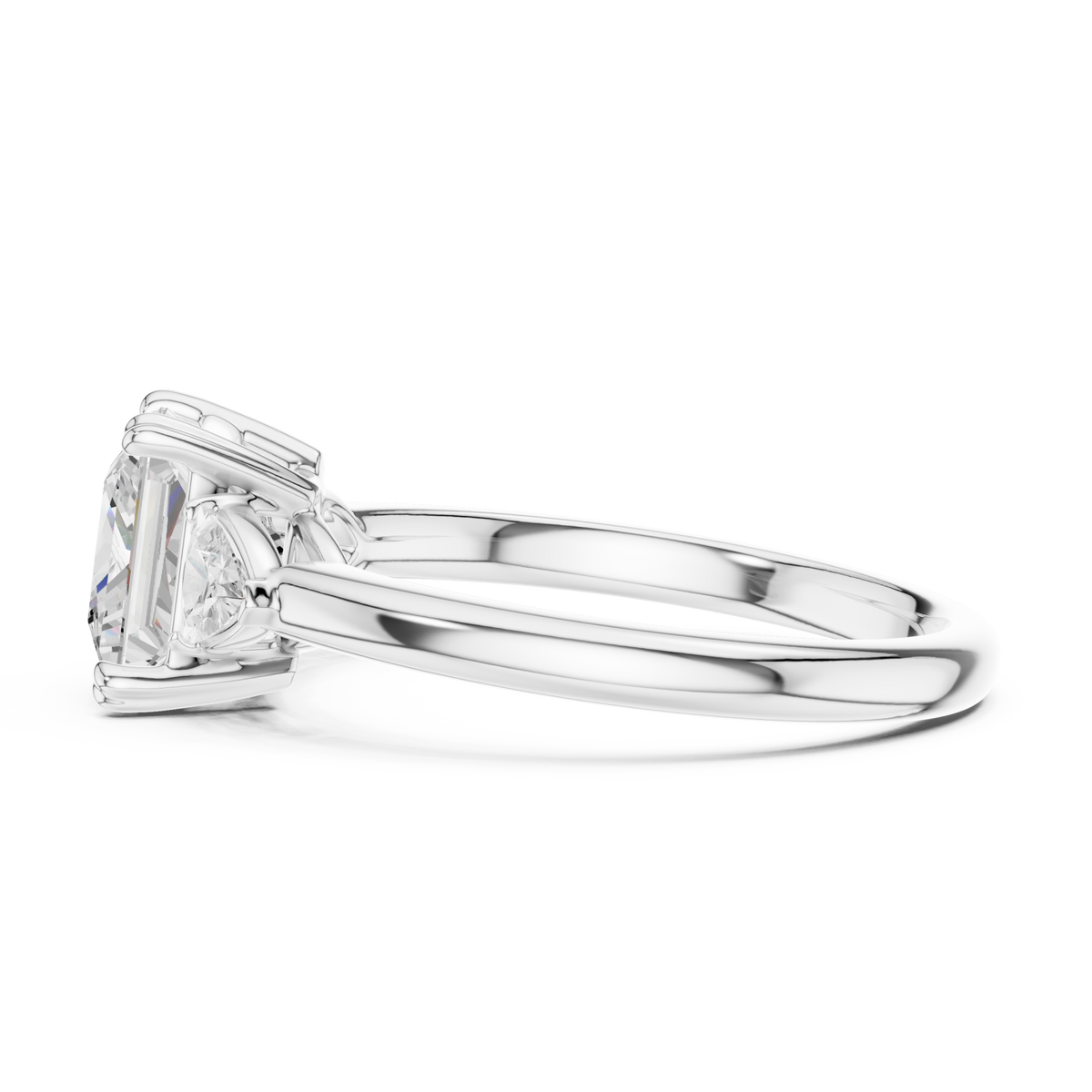 Princess trillion side three stone engagement ring white gold side view
