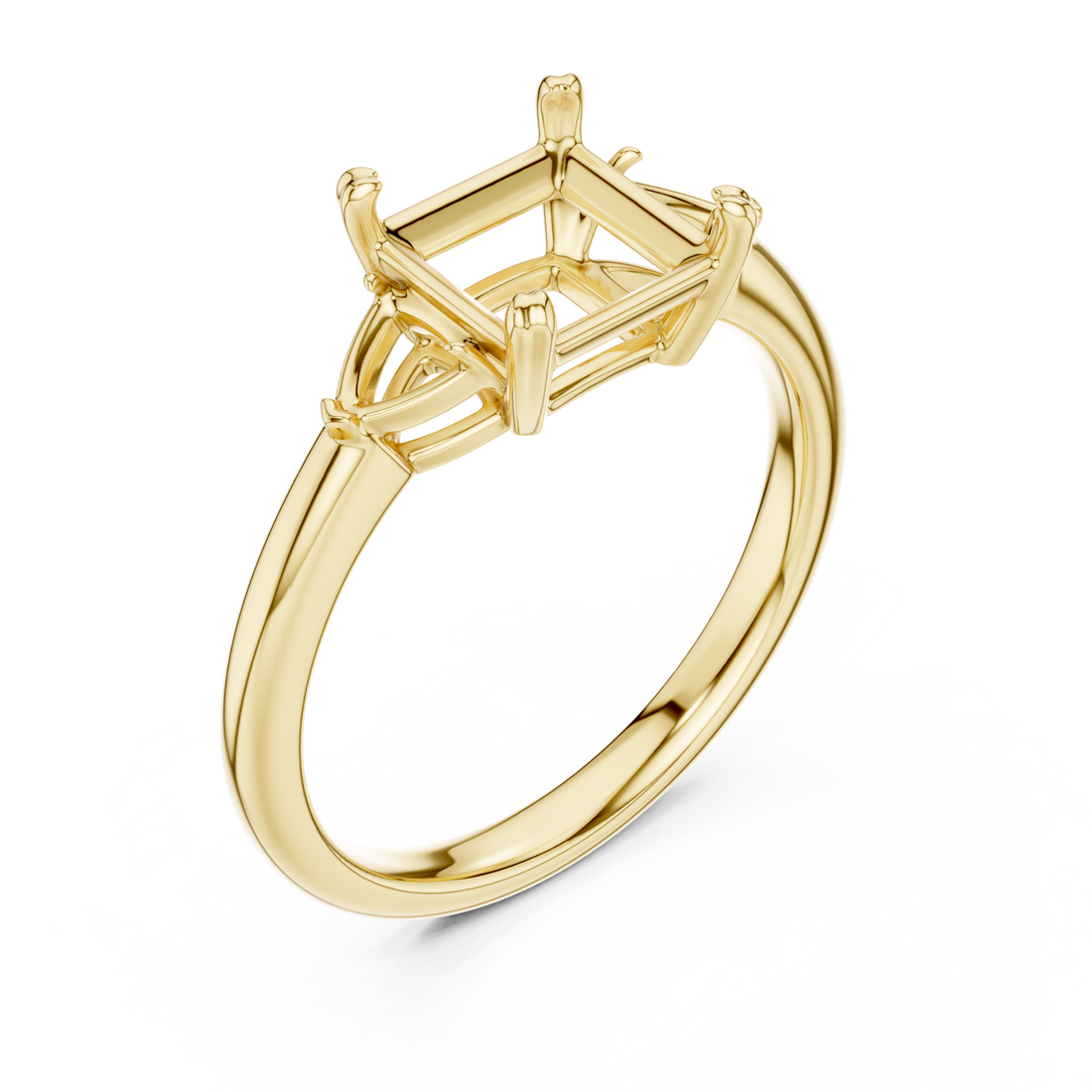 Princess trillion side three stone engagement ring yellow gold front view