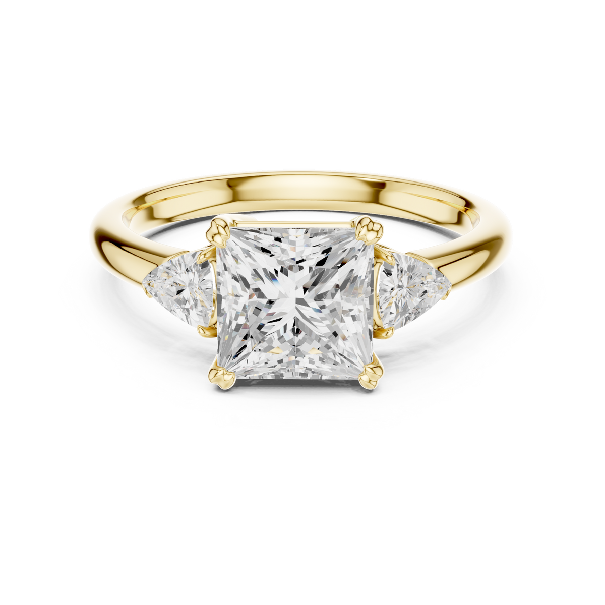 Princess trillion side three stone engagement ring yellow gold detail view