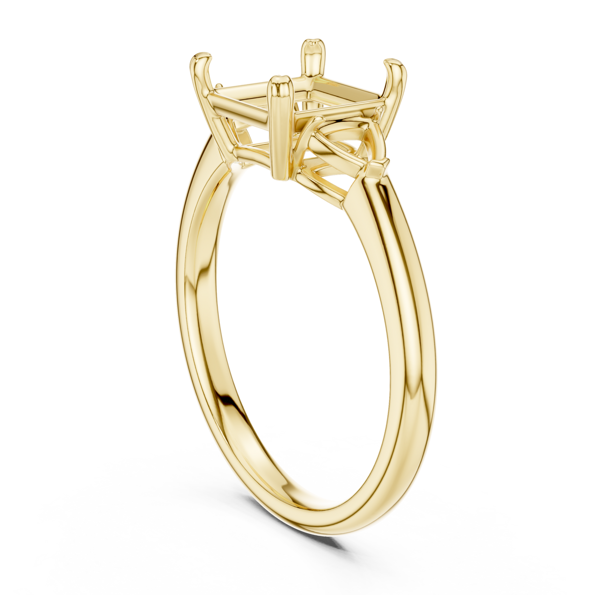 Princess trillion side three stone engagement ring yellow gold front view