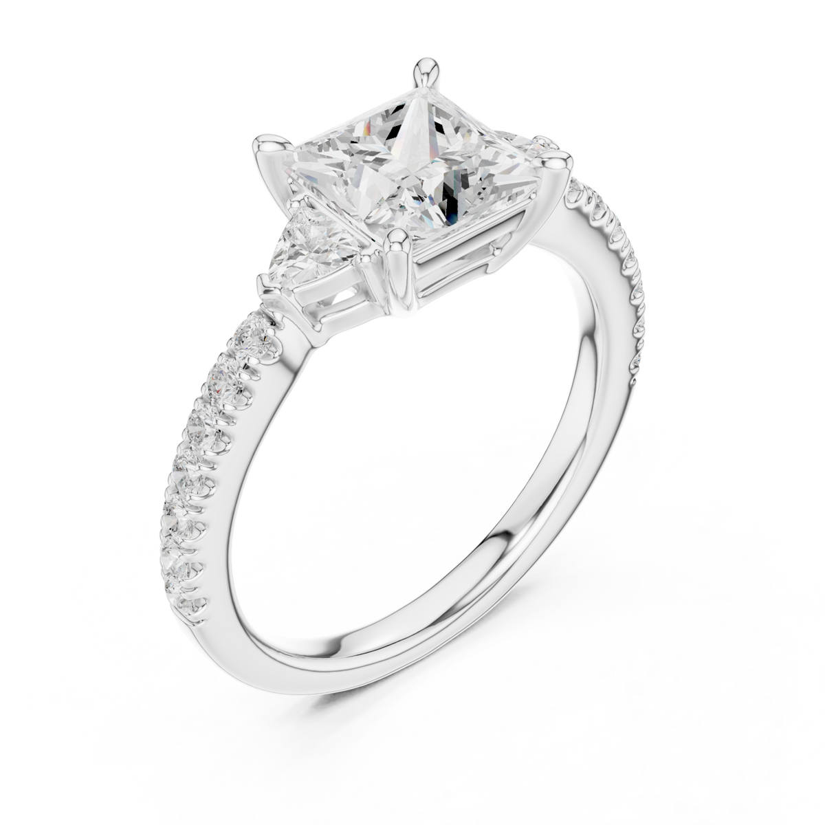 Princess trillion side three stone pave engagement ring white gold angle view