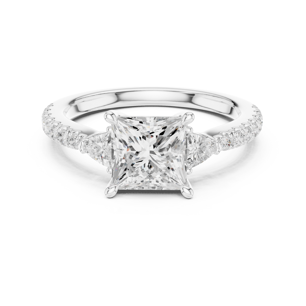 Princess trillion side three stone pave engagement ring white gold detail view