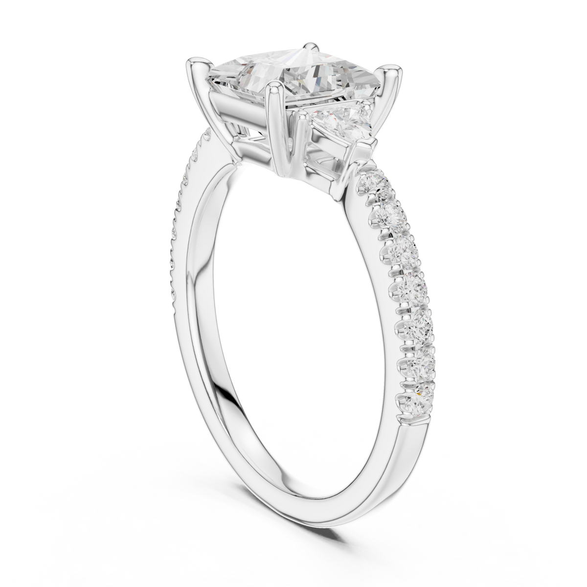 Princess trillion side three stone pave engagement ring white gold front view