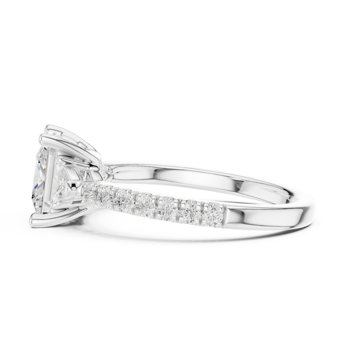 Princess trillion side three stone pave engagement ring white gold side view