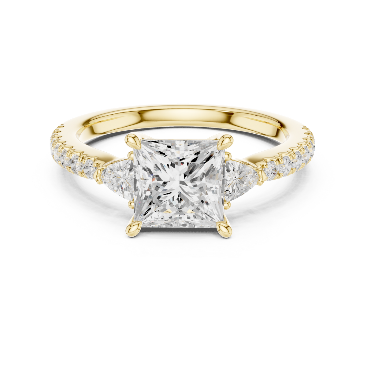 Princess trillion side three stone pave engagement ring yellow gold detail view