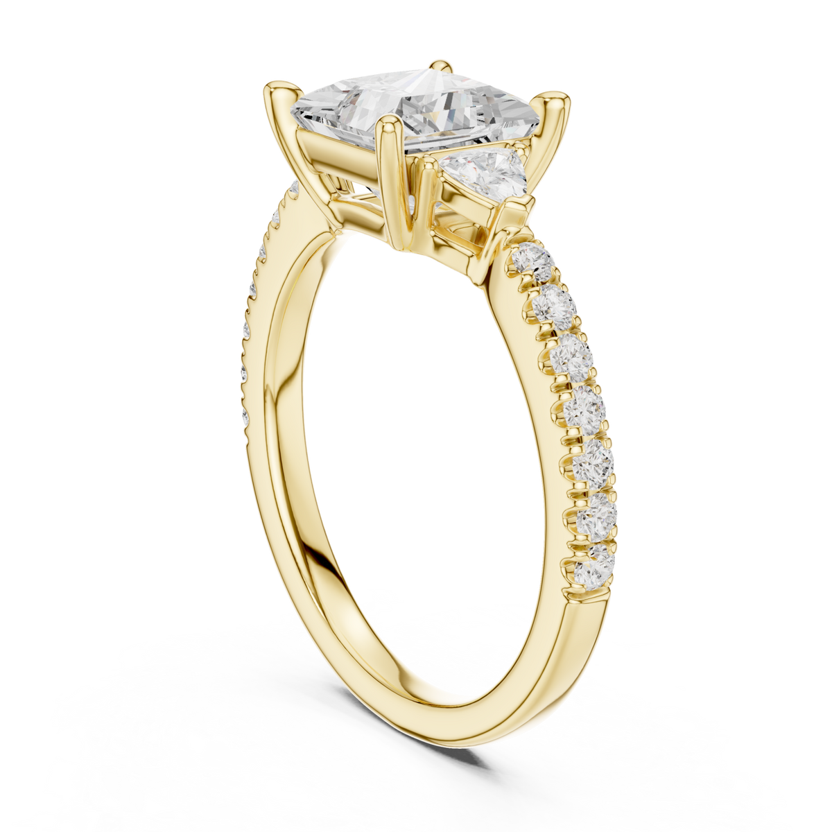 Princess trillion side three stone pave engagement ring yellow gold front view