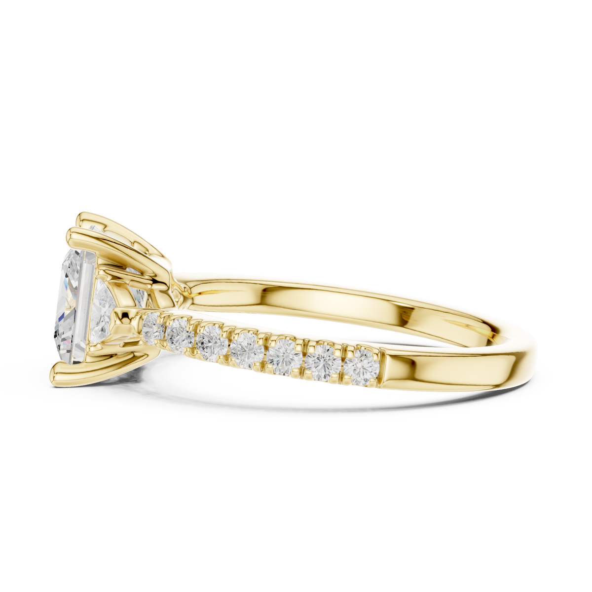 Princess trillion side three stone pave engagement ring yellow gold side view