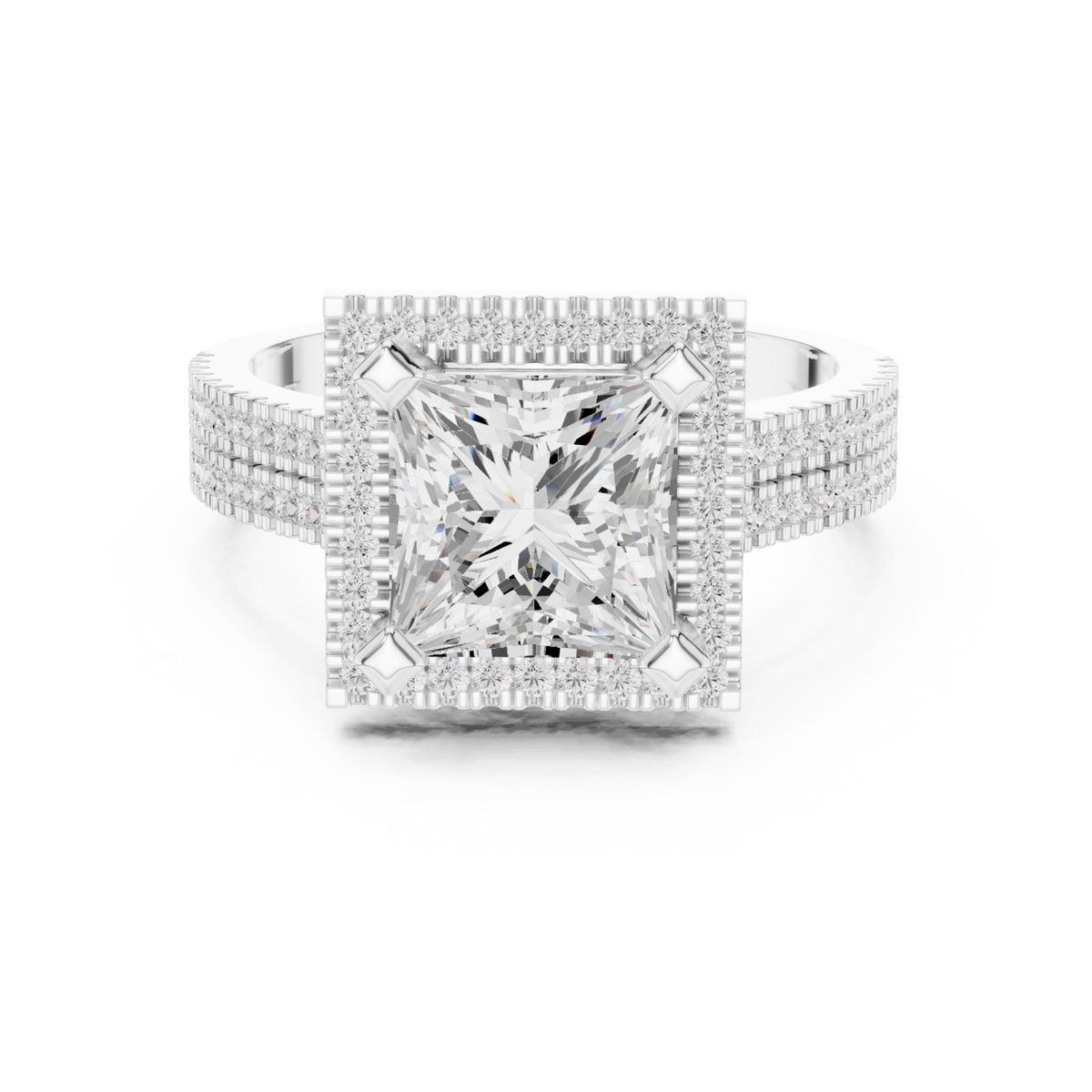 Princess triple-row pave halo engagement ring white gold detail view