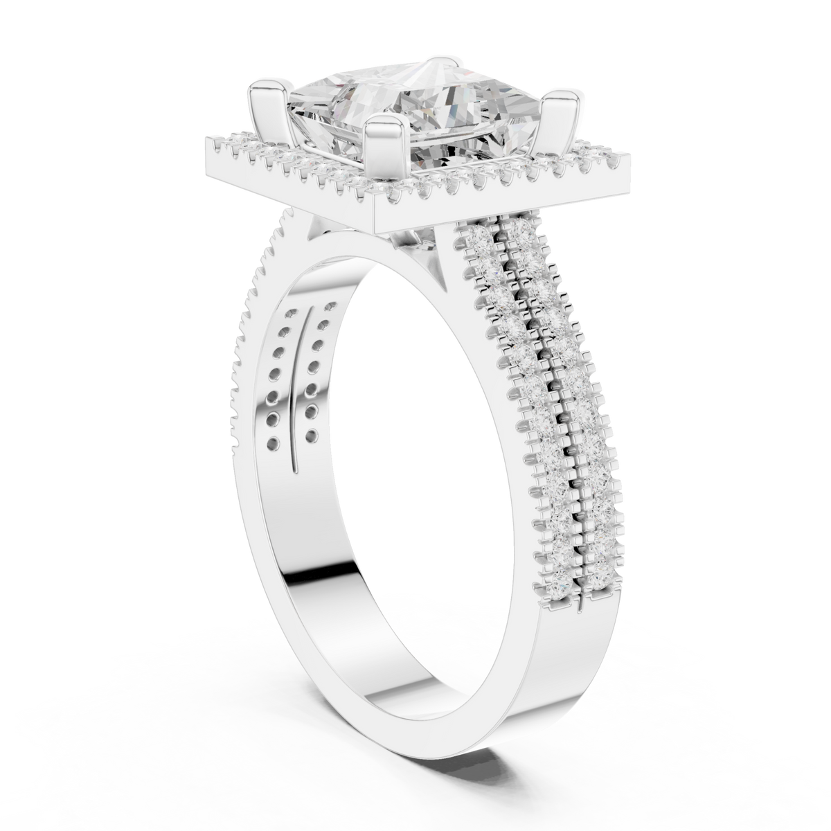 Princess triple-row pave halo engagement ring white gold front view