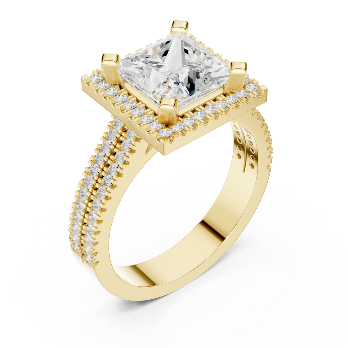 Princess triple-row pave halo engagement ring yellow gold angle view