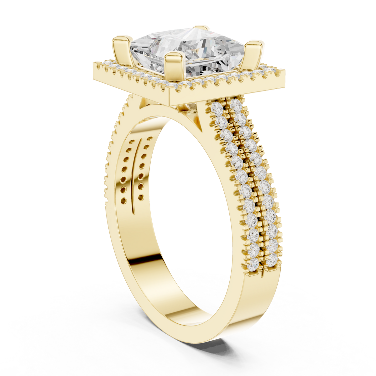 Princess triple-row pave halo engagement ring yellow gold front view