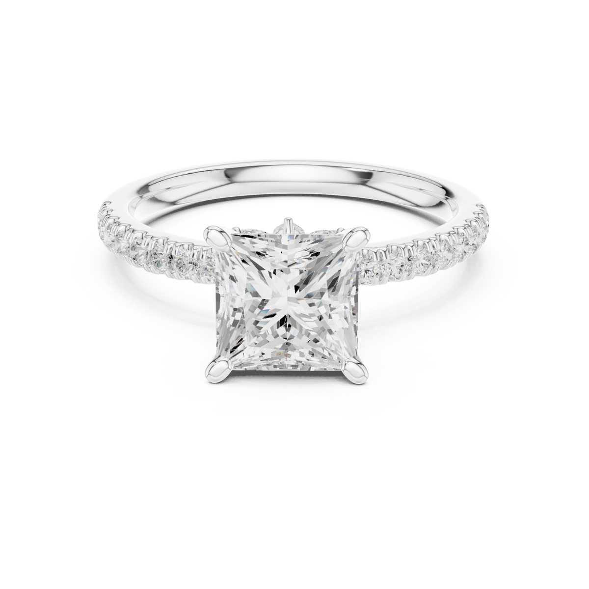 Princess tulip basket pave engagement ring white gold detail view
