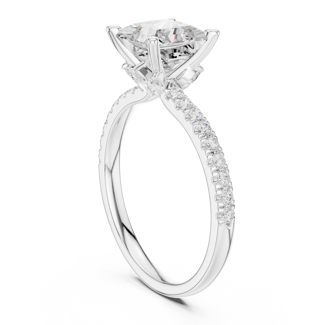 Princess tulip basket pave engagement ring white gold front view