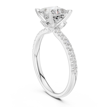 Princess tulip basket pave engagement ring white gold front view