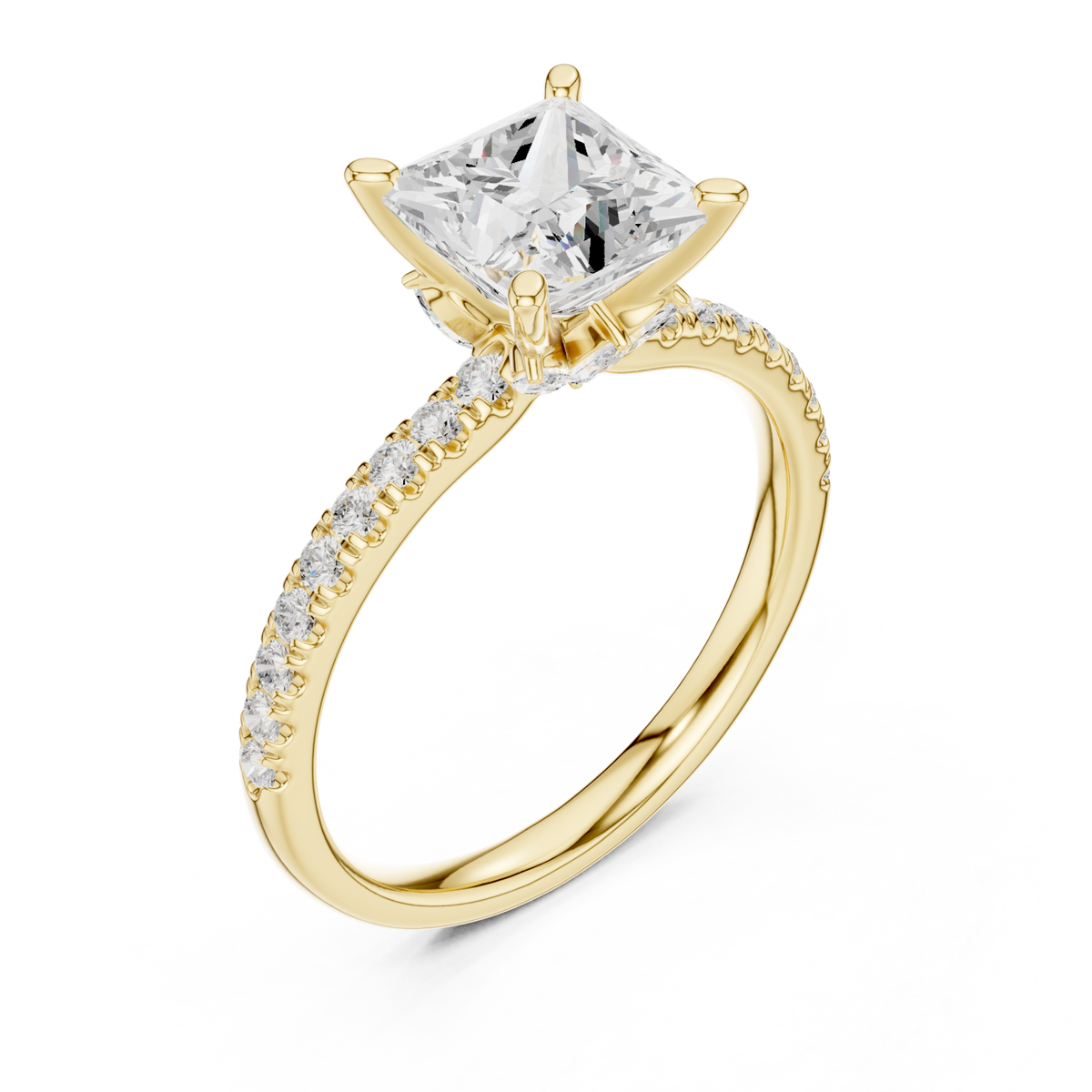 Princess tulip basket pave engagement ring yellow gold angle view