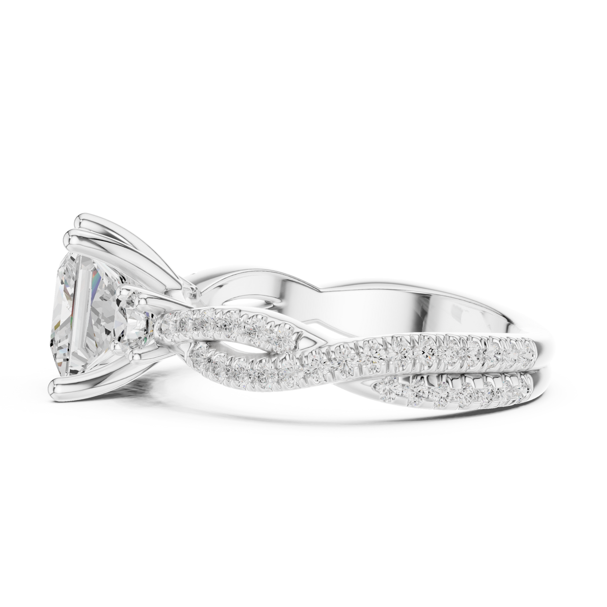 Princess twist three stone engagement ring white gold side view