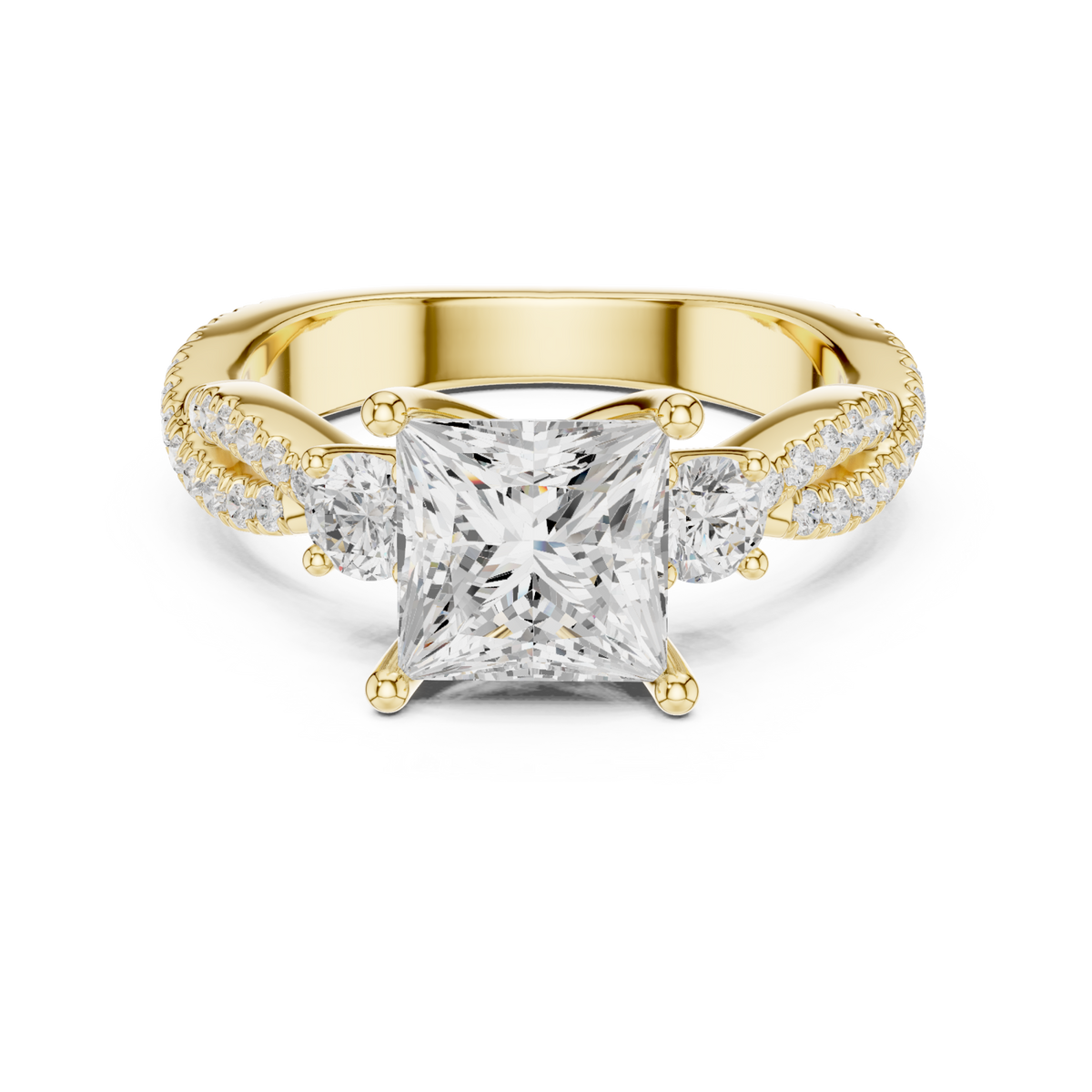 Princess twist three stone engagement ring yellow gold detail view