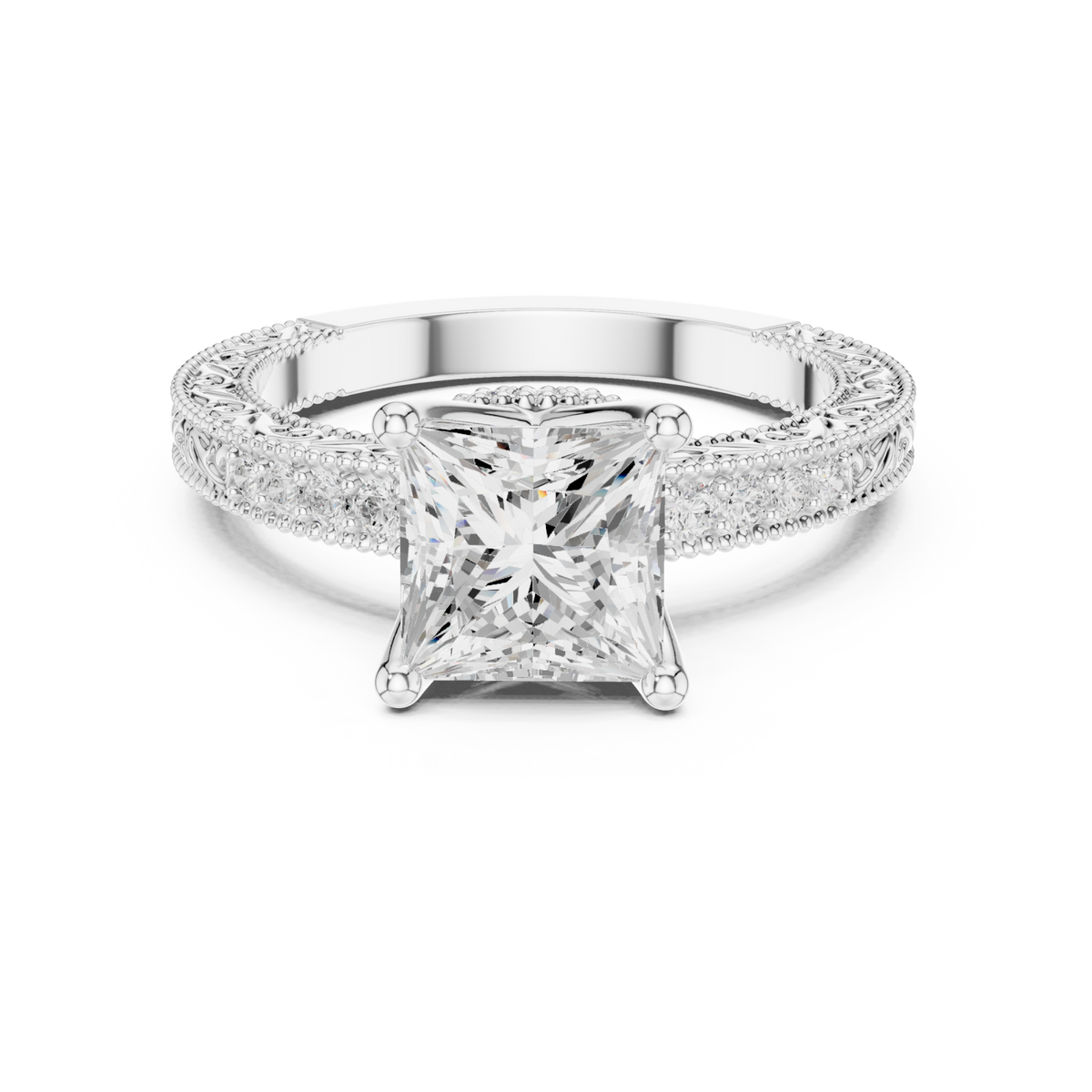 Princess vintage engraved pave engagement ring white gold detail view